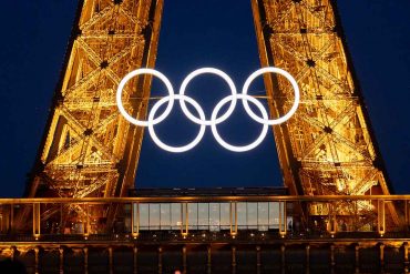 The Eiffel Tower adorned with Olympic rings